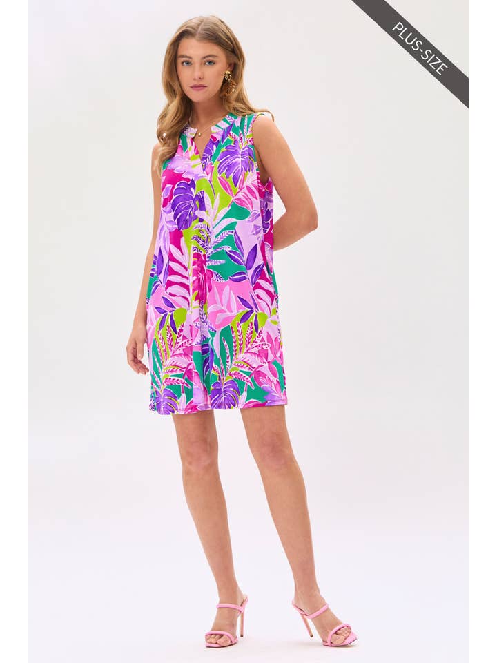 MAGENTA PLUS SIZE Summer Tropical Leaf Print Dress for wholesale on Faire