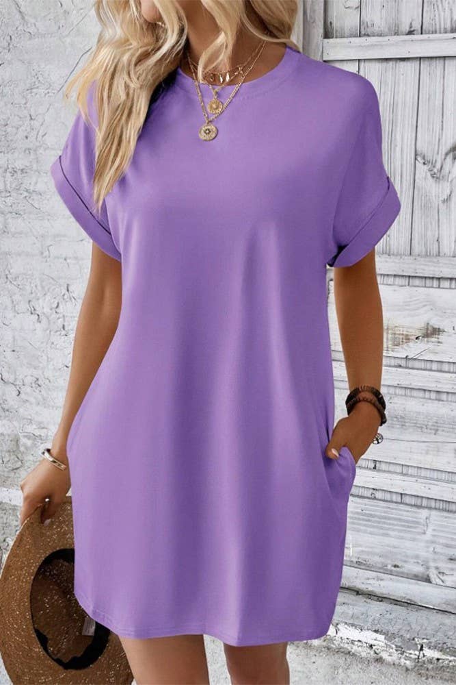 UNISHE - Wholesale Dress - Women's - Plain Fold Cuff Pockets Round Neck T-Shirt Dress ZK13338