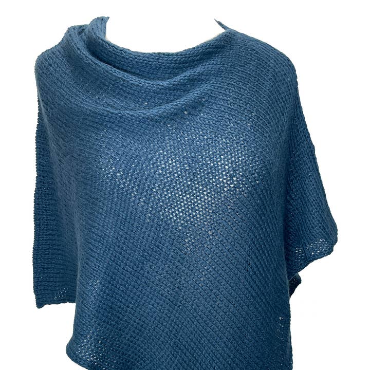 Alpaca Hand Knit Poncho Wrap: Solid Blue for wholesale by Moche Lifestyle