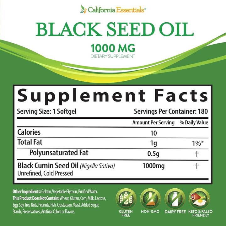 California Essentials - Wholesale Oral Supplement/Vitamin - Black Seed Oil Softgels - 1000mg Premium Cold Pressed17