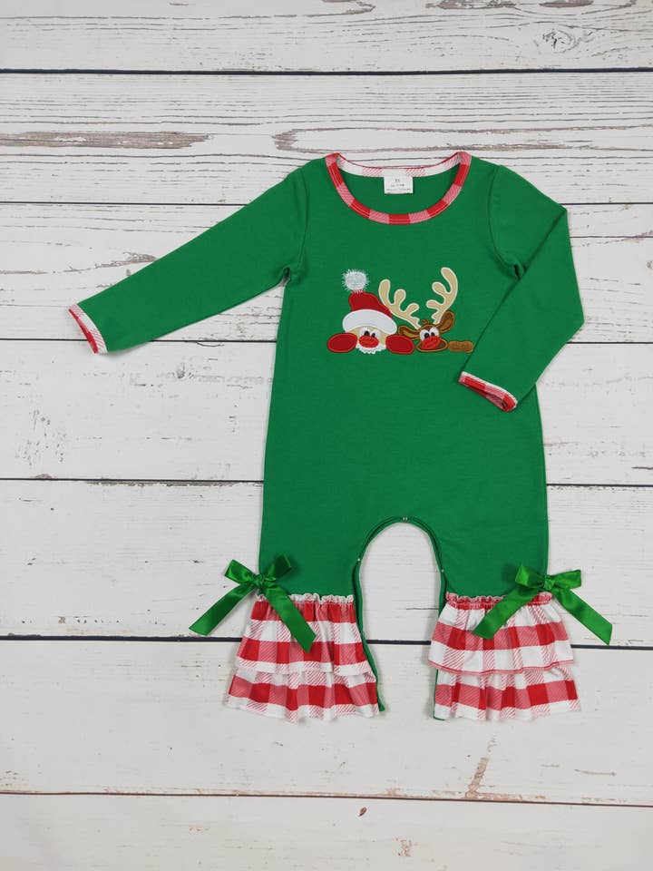 Green Deer Appliqué Christams Romper for wholesale by sassy kids palace