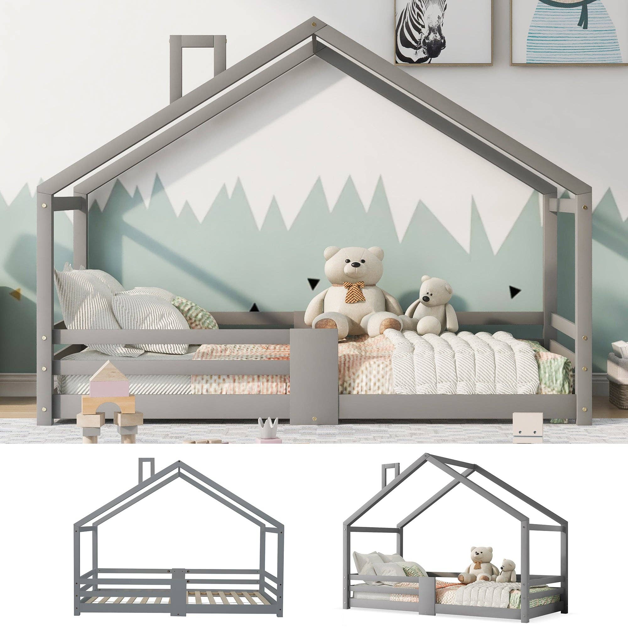 Urban Meuble - Vente Lit – enfant et bébé - Lit enfant lit cabane avec cheminée sommier à lattes robuste lit cabane en bois de pin gris, 90 x 200 cm sans matelas STRONS14