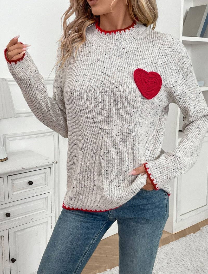GREY Crew Neck Sweater with Heart Patch Design for wholesale on Faire1