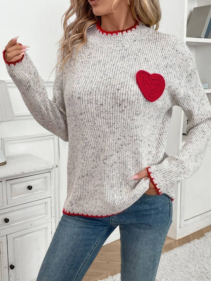 GREY Crew Neck Sweater with Heart Patch Design for wholesale on Faire1