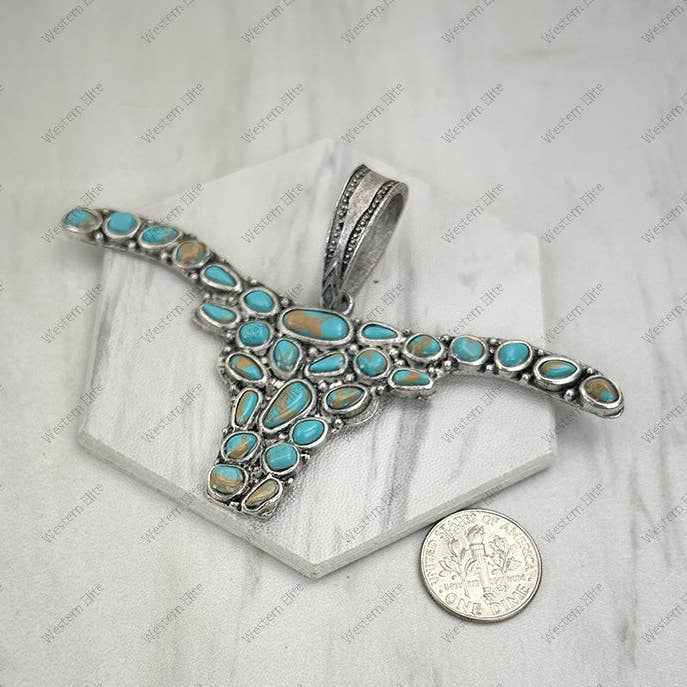 PD251130-03-BLUE-BROWN Silver metal with blue turquoise stone long horn Pendent for wholesale by Western Elite Jewelry