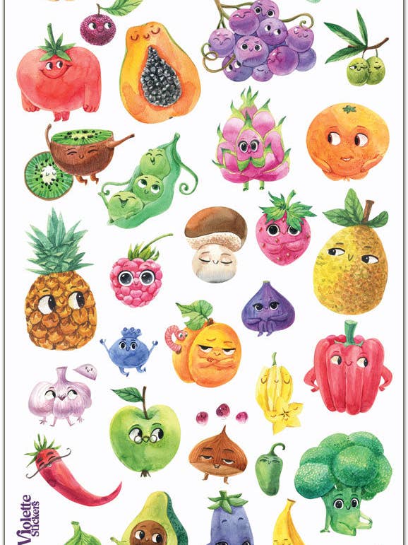 C198 Sjove Frugt- og Grøntmærker for engroshandel hos Violette Stickers