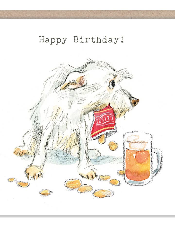 Verjaardagskaart - Witte hond met bier en chips voor wholesale door Paper Shed Design Ltd