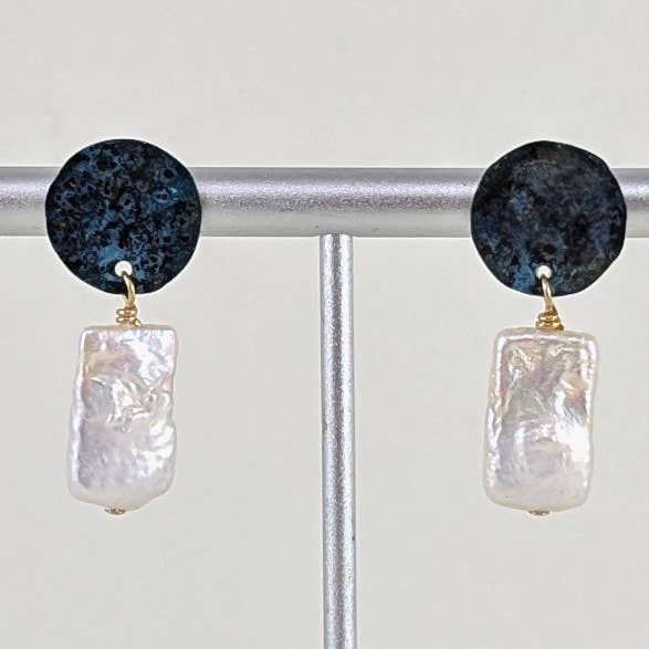 Asteria Patinaed Brass and Pearl Earrings for wholesale by Kari Breitigam