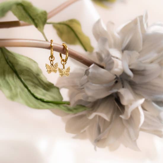 WJW - Wholesale Huggie Earrings - 18K Gold PVD Stainless Steel Butterfly Huggie Earrings