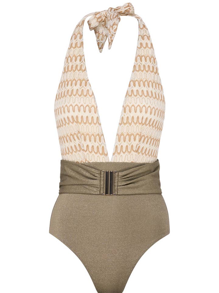 Costume intero da donna, crochet écru/kaki | SUNSET 1P per la vendita all'ingrosso da parte di Lison Paris