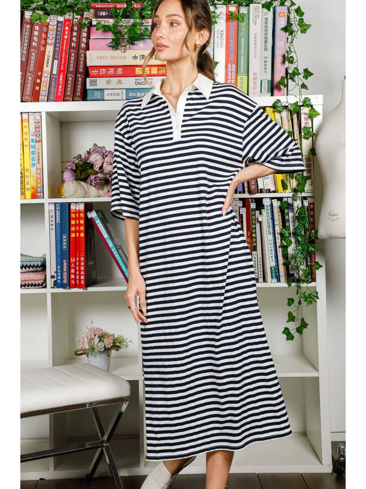 Navy Collared Drop Shoulder Striped Printed Polo Dress VD82307 for wholesale on Faire15