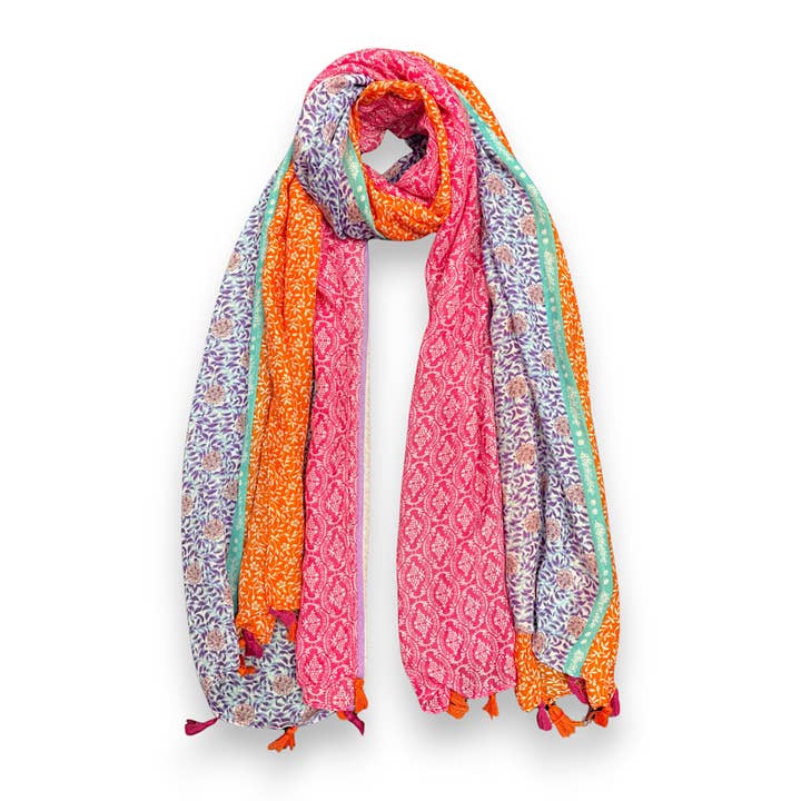 Lili Scarves - Wholesale Scarf - Women's - Vibrant Multicolor Floral Patchwork Tassels Scarf