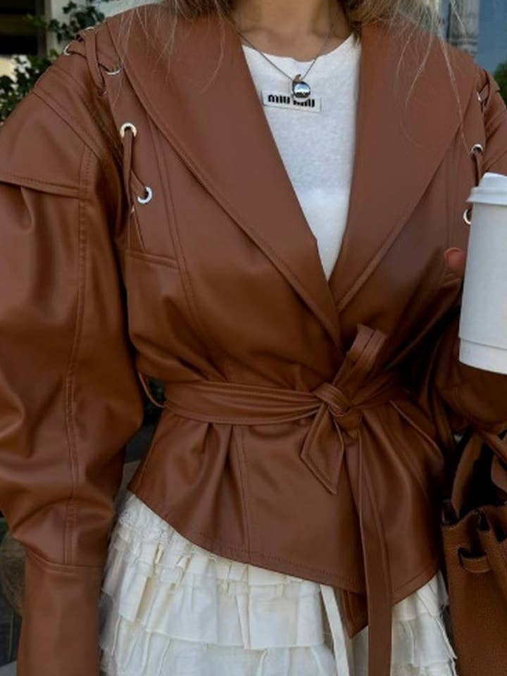 NINEXIS - Wholesale Coat - Women's - CWOCO1063_VINTAGE CASUAL LACE-UP FAUX LEATHER JACKET6