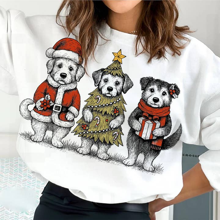 DLT Ecommerce - Wholesale T-shirt (graphic) – women's - Christmas Dogs Tee, Cute Puppies in Santa Outfit Sweatshirt 4