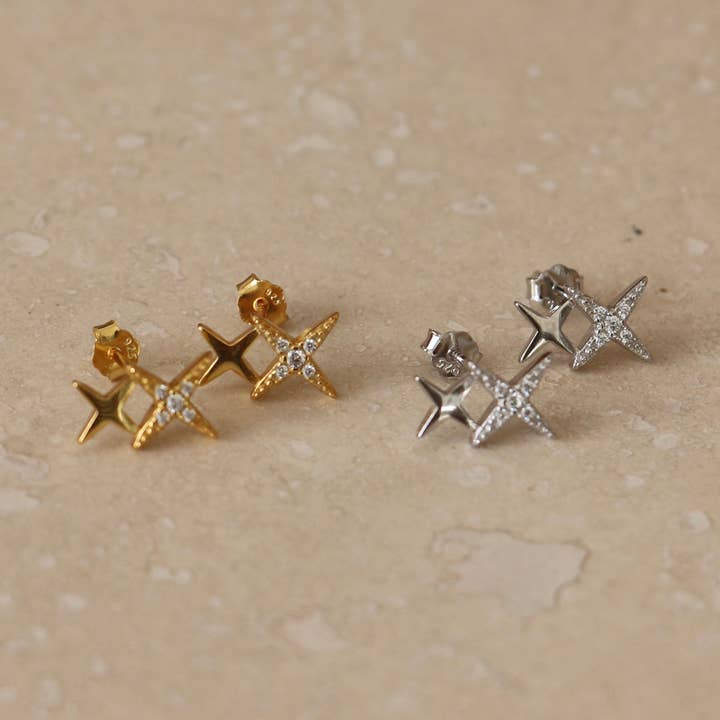 Gold or Silver Double Star Studs for wholesale by Little Nell Jewellery