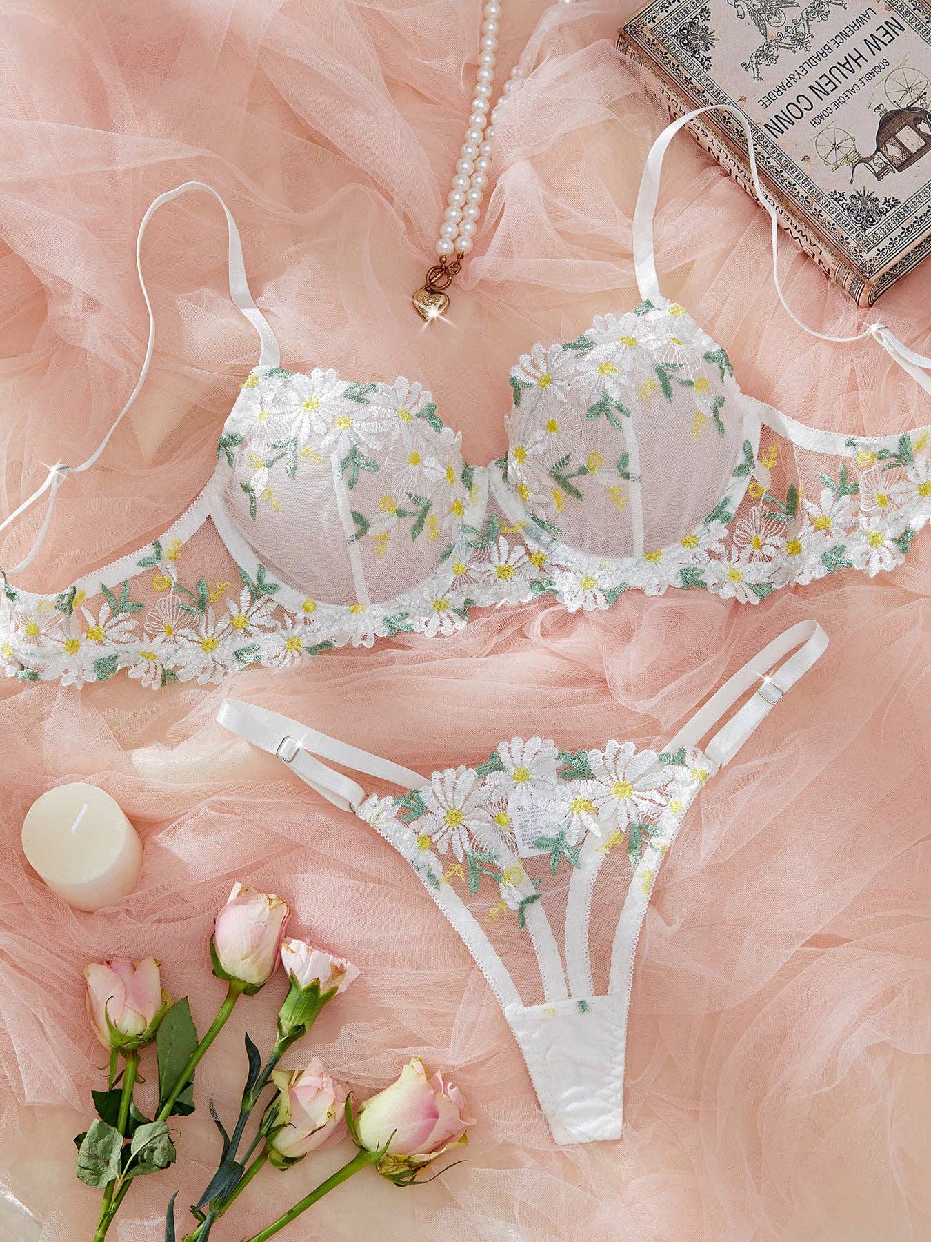 White Ladies Embroidery Daisy Bra Thong 2PCS Lingerie Set SKLG4001 for wholesale on Faire2