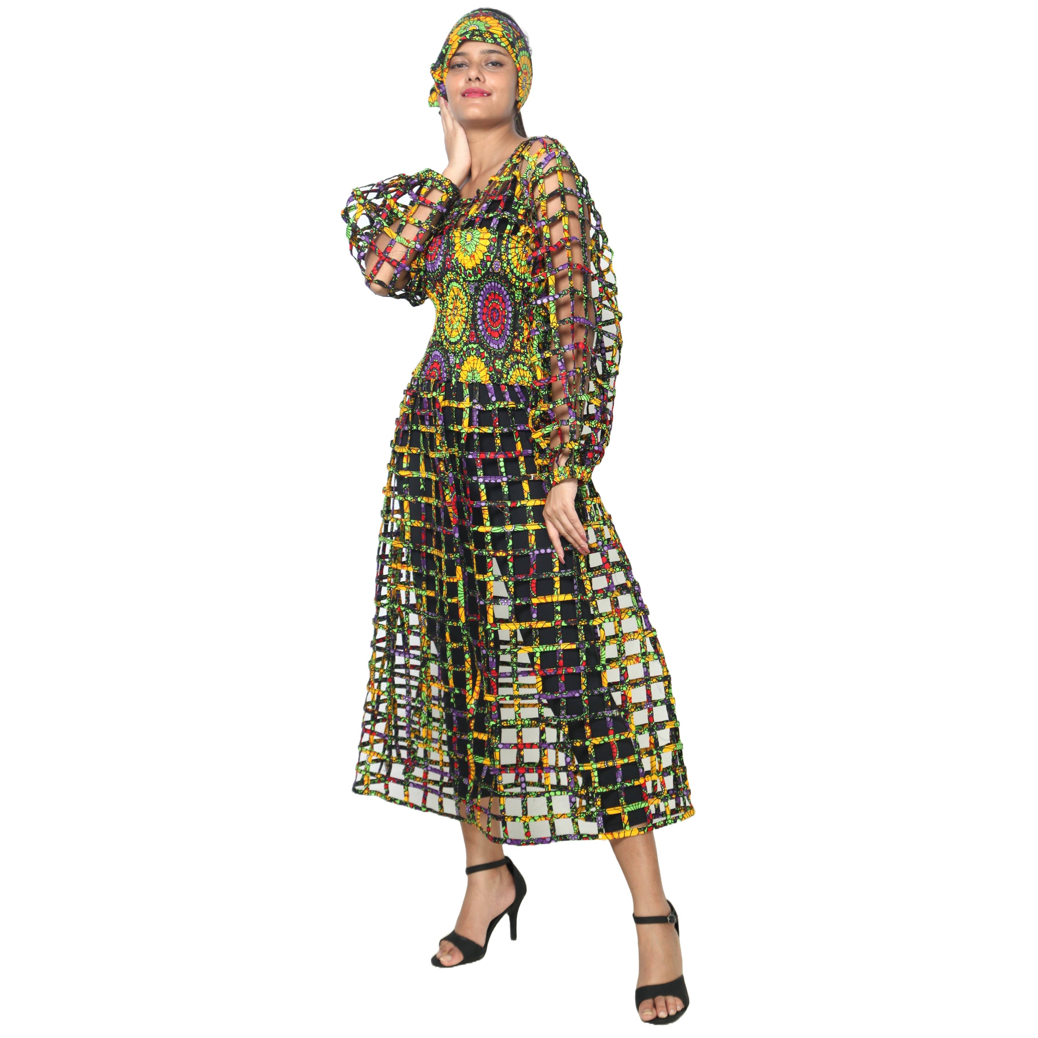 African Stars - Wholesale Dress - Women's - Women's Long Sleeve Smocked Bodice Cage Dress -- FI-ST12215