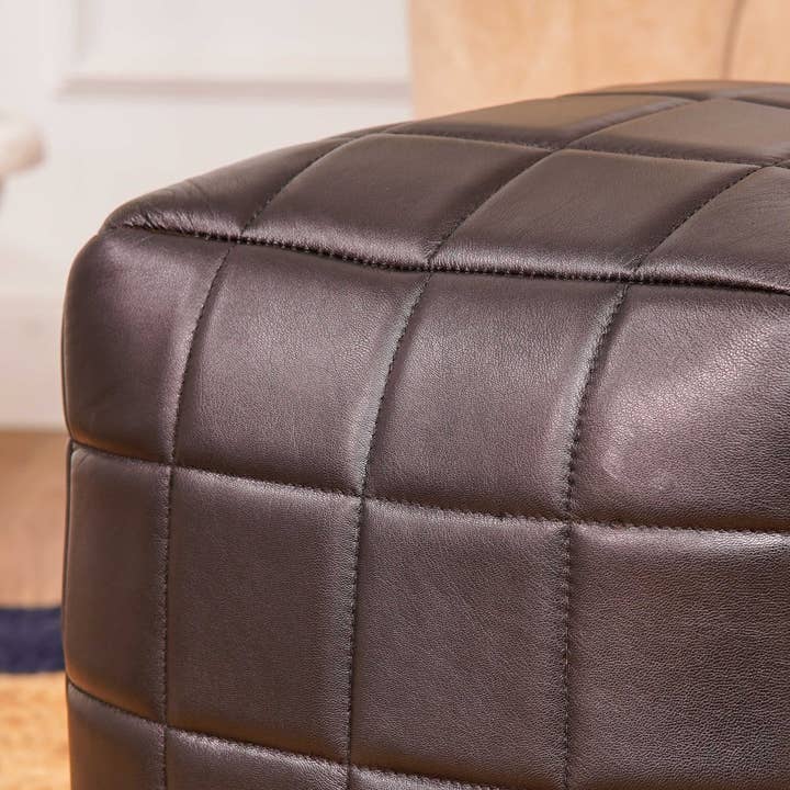 BBH Homes LLC - Wholesale Pouf - Geometric Handmade Goat Leather Square Pouf Black Color BBH