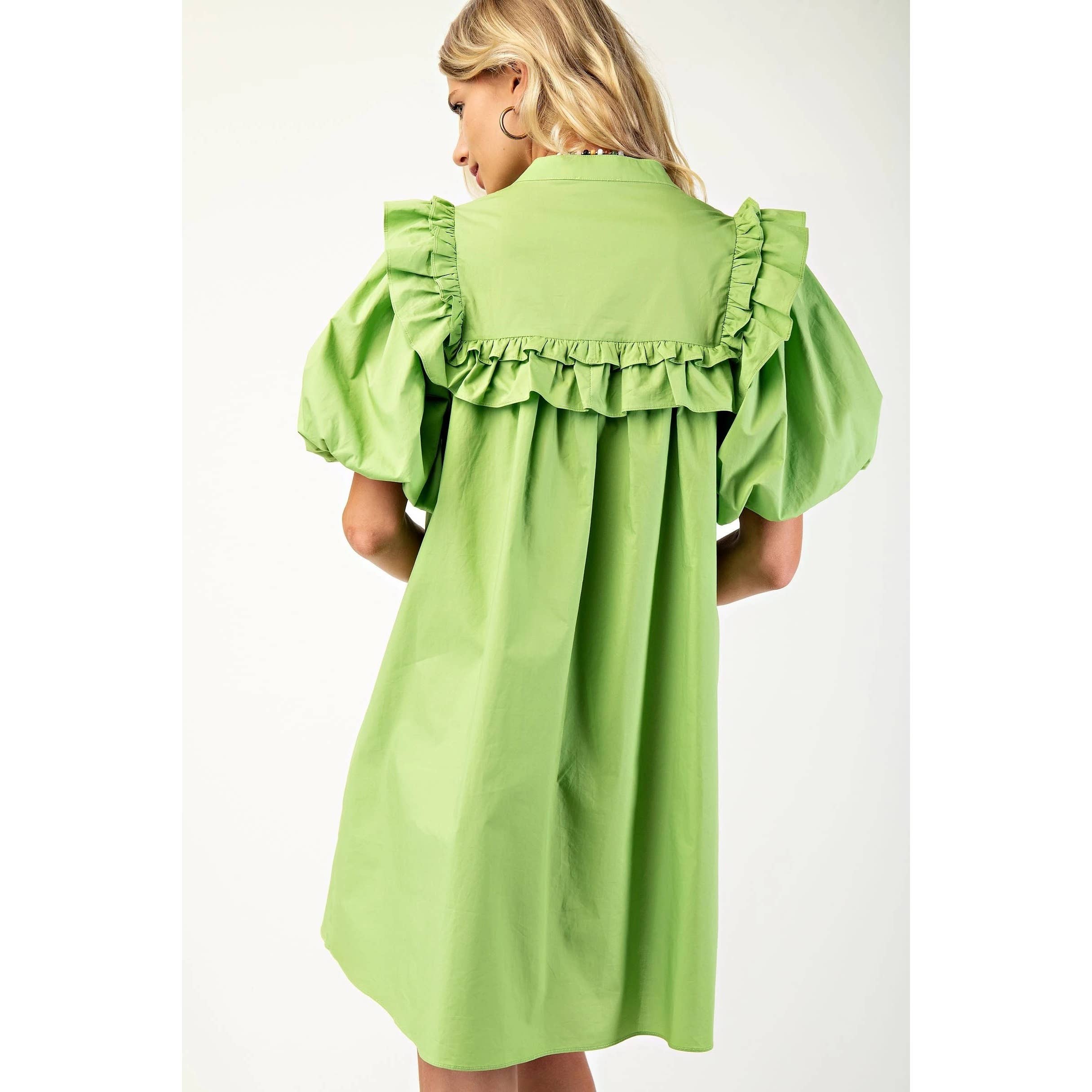 BNS - Wholesale Dress - Women's - Puff Sleeve Mini Dress w_Mandarin Collar n Ruffle2