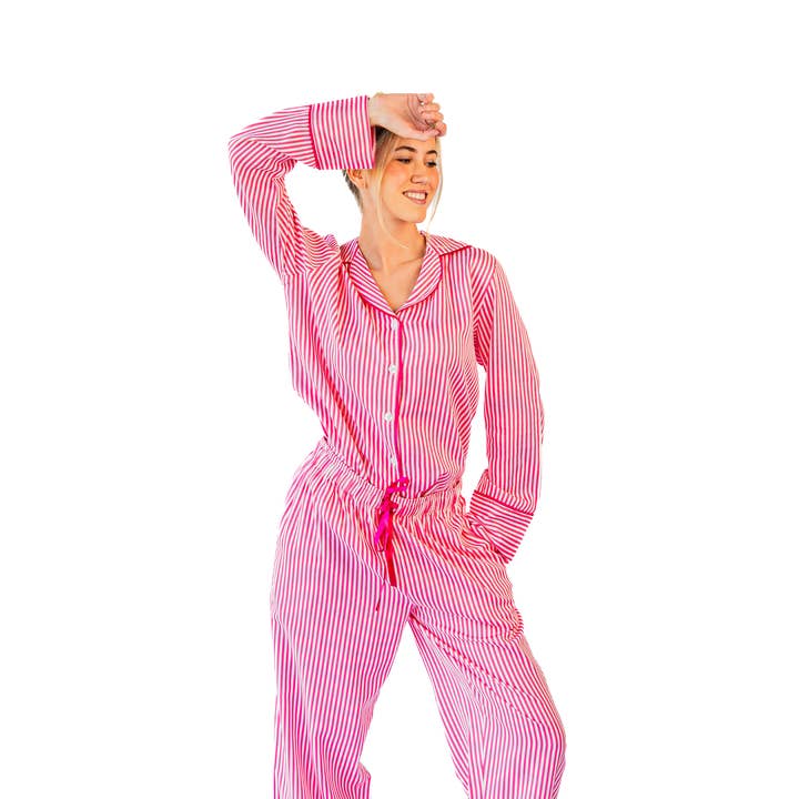 Ticking Stripe Luxe Sateen Full Pajama Set - Pink for wholesale by Jaye's Studio