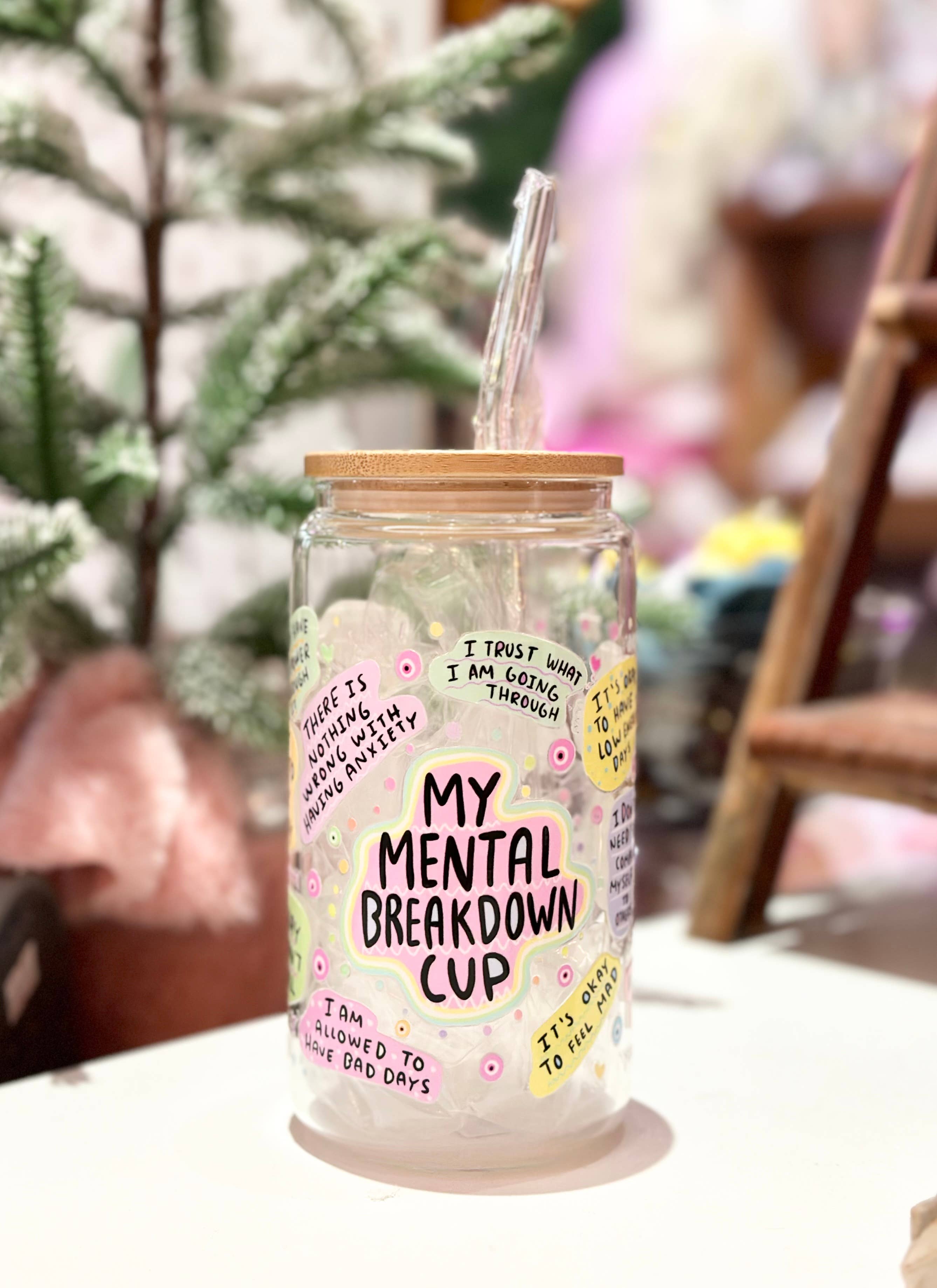 Desi design and chai - Vente Verre/tasse - Canette de bière en verre de 16 oz Mental Breakdown avec couvercle en bambou et paille