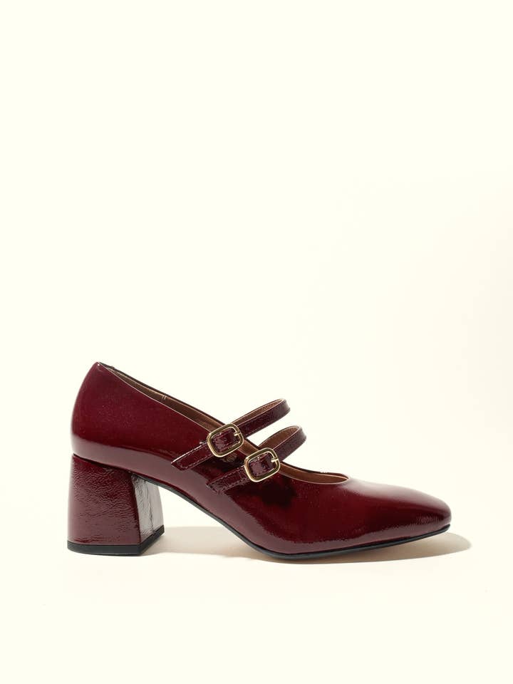 KMB Shoes - Wholesale Low Heels - Women's - MAITE BURGUNDY – Heeled Double Strap Mary Jane Shoes3