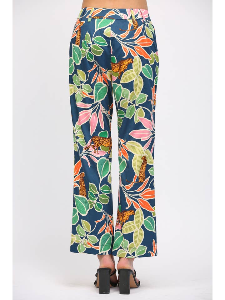 NAVY MULTI TROPICAL PRINT PINTUCK FLARE PANTS FP60025 for wholesale on Faire