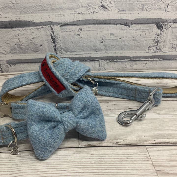 (Frederick) Harris Tweed® Bow Tie Dog Collar & Lead Set - Baby Blue for wholesale by BOWZOS