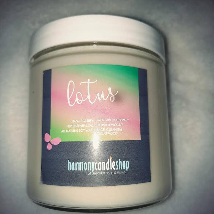 Lotus Pure Essential Soy Candle - handmade, 16 oz. for wholesale by Deer Run Heart and Home