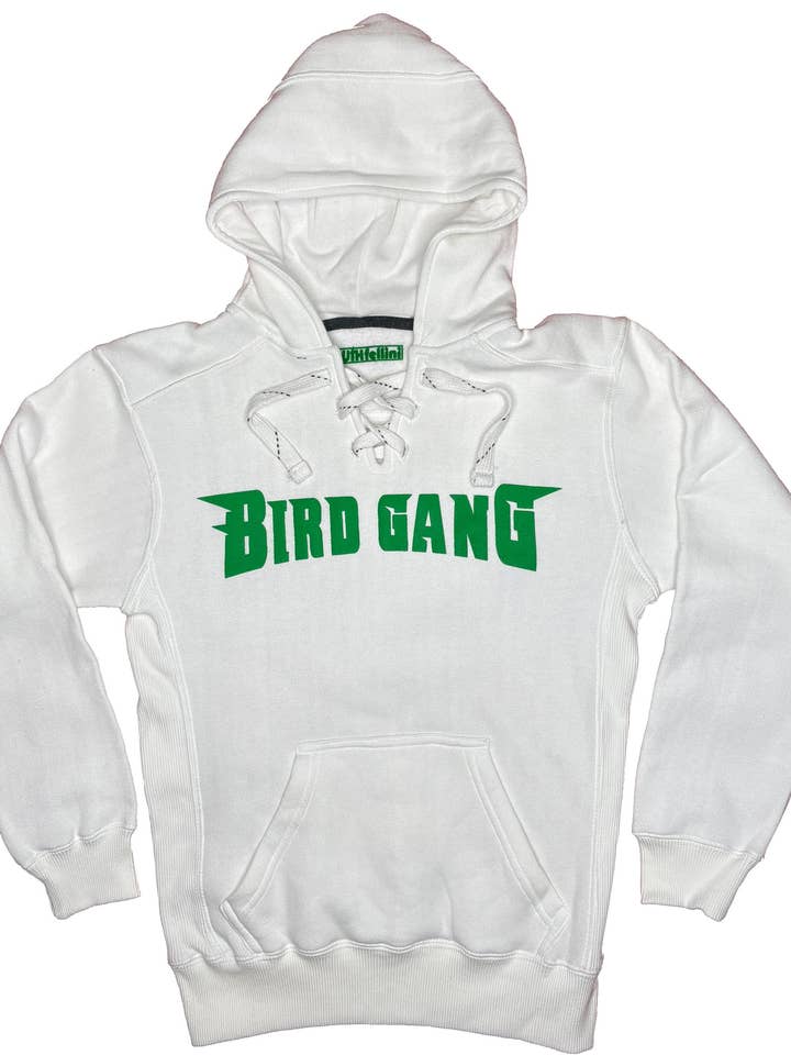 Sweat à capuche à lacets avec impression en relief "Bird Gang" (Blanc) pour la vente par South Fellini