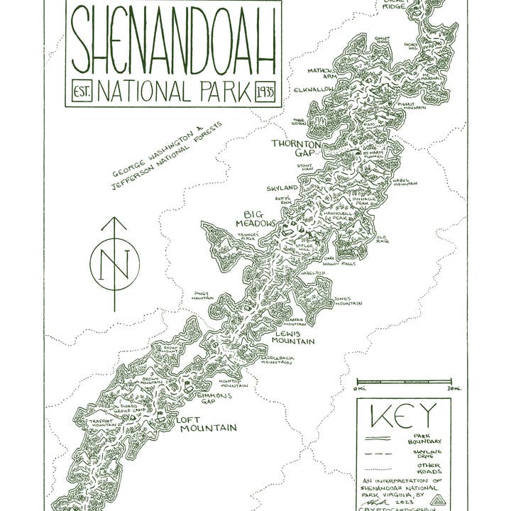 National Park Obsessed LLC - Wholesale Art Print - Shenandoah National Park Map - Hand-Drawn 1