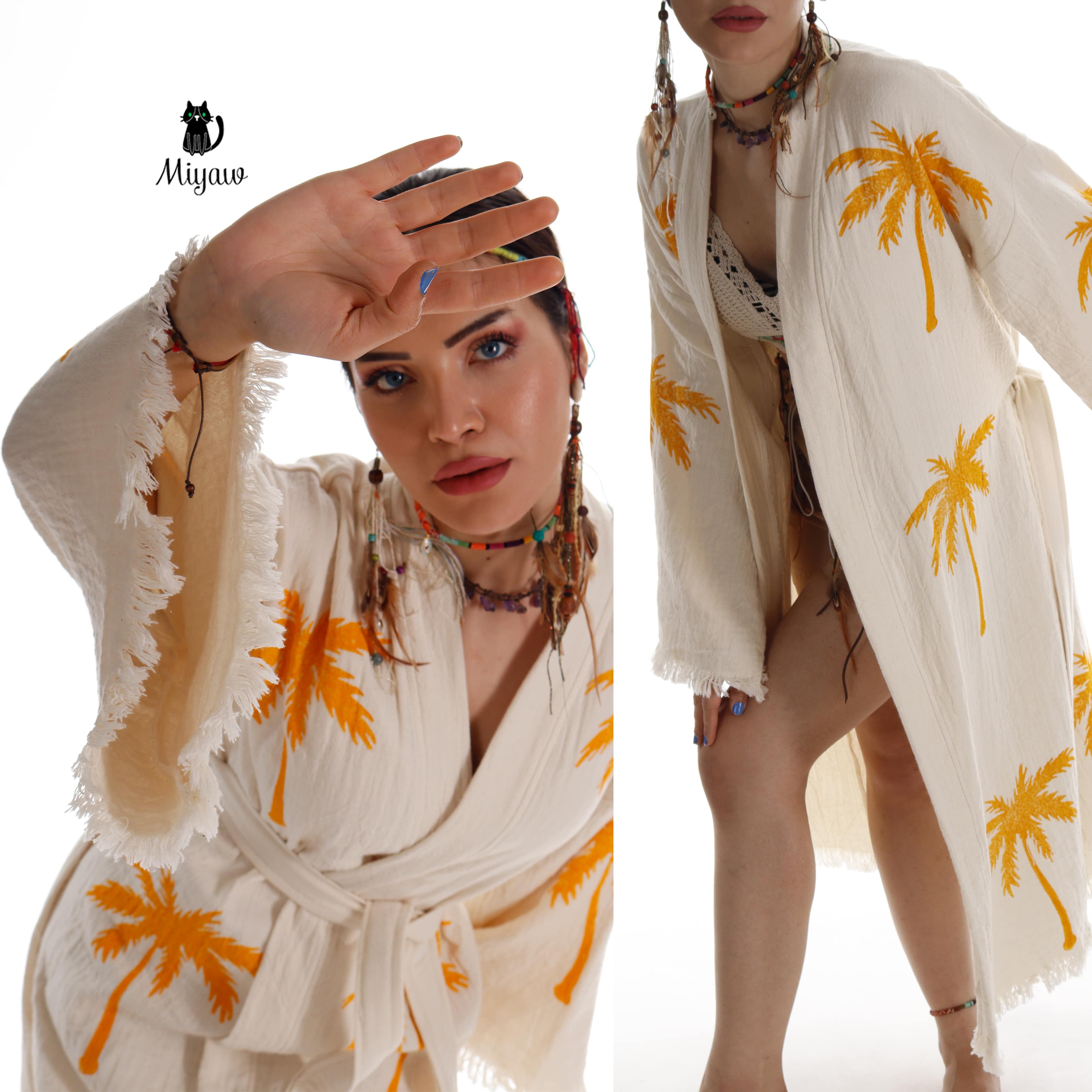 Pure & Chic, LLC - Miyawfashion - Wholesale Robe - Women's - Boho Palm Tree Stamped Organic Cotton Kimono Robe - Handcrafted Beach Coverup4