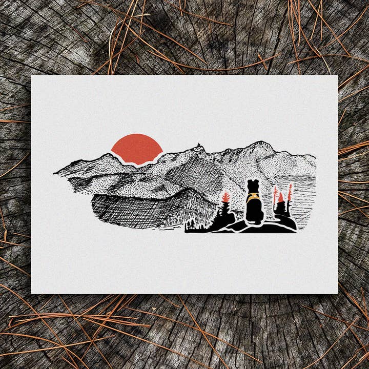 Montañas - Sunset Hiking Dog Art Print for wholesale by Soijen Illustrations