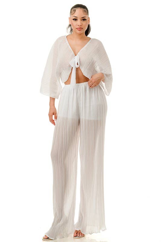 Namatt Design – wholesale Top & pants set (NOT Loungewear) – Women's – Plus Front Tie Billowing Pleated Crop Top & Pants Set3