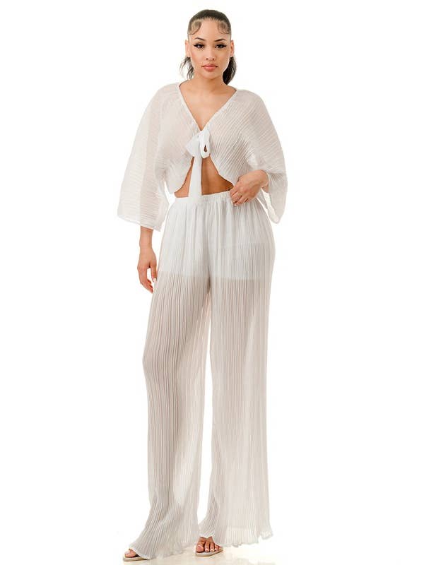 Namatt Design – wholesale Top & pants set (NOT Loungewear) – Women's – Plus Front Tie Billowing Pleated Crop Top & Pants Set3