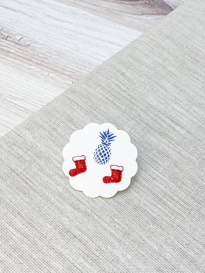 Pave Christmas Stud Earrings - Red Stocking for wholesale by Prep Obsessed Wholesale