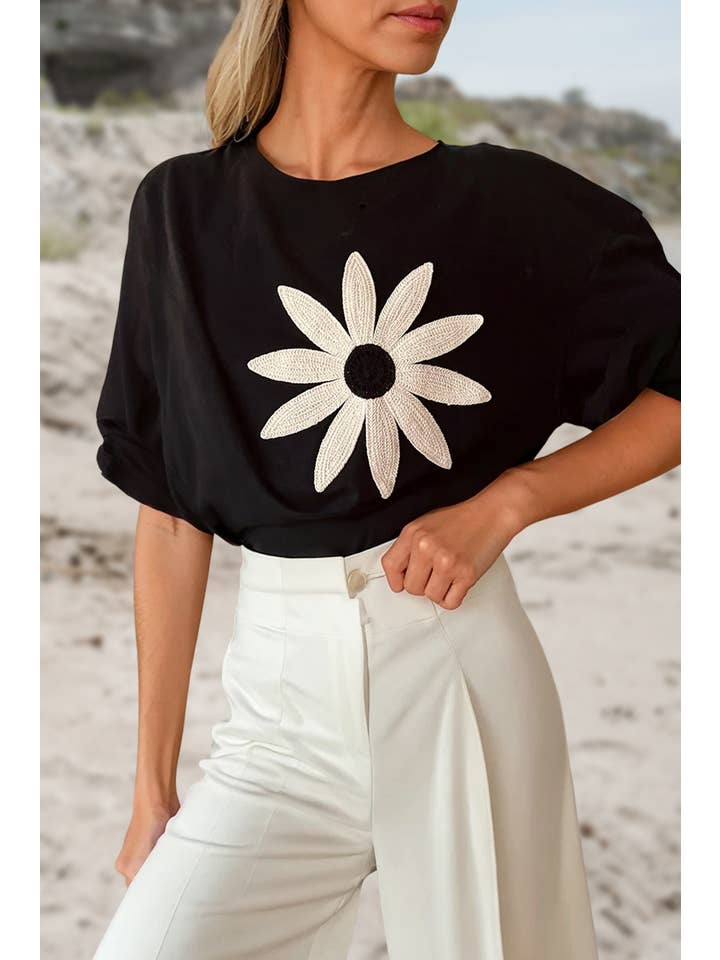 Aapparella - Wholesale Screen Printed T-Shirt - Women's - Floral Graphic Drop Shoulder Loose Casual Tee | S-XL