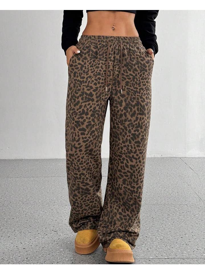 HIDDENBRAND - Wholesale Pants - Women's - Elastic Waist Drawstring Leopard Print Wide-Leg Pants0