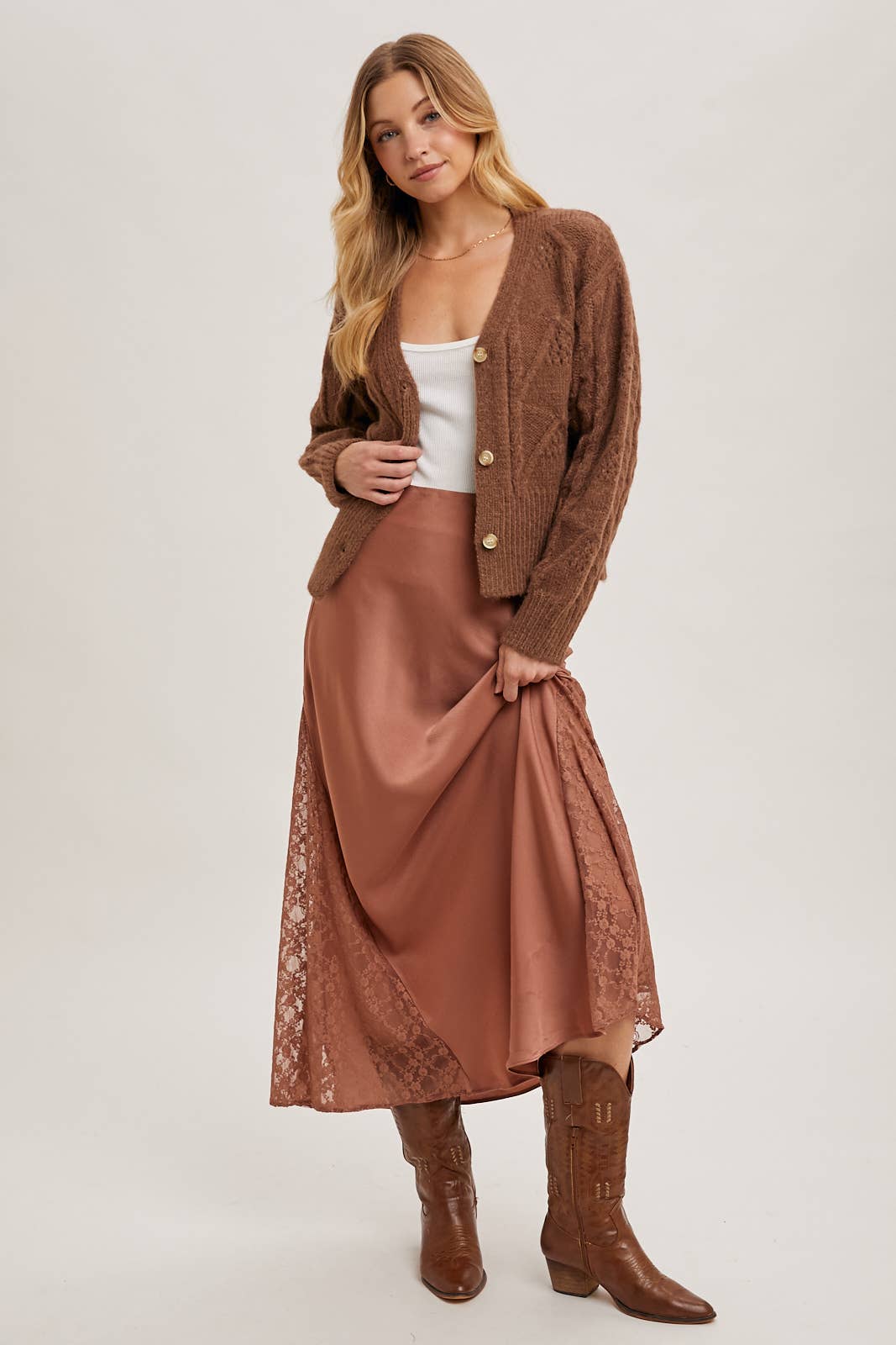 Bluivy - Vente Jupe – femme - Jupe midi en satin taille mi-haute avec bordure en dentelle10