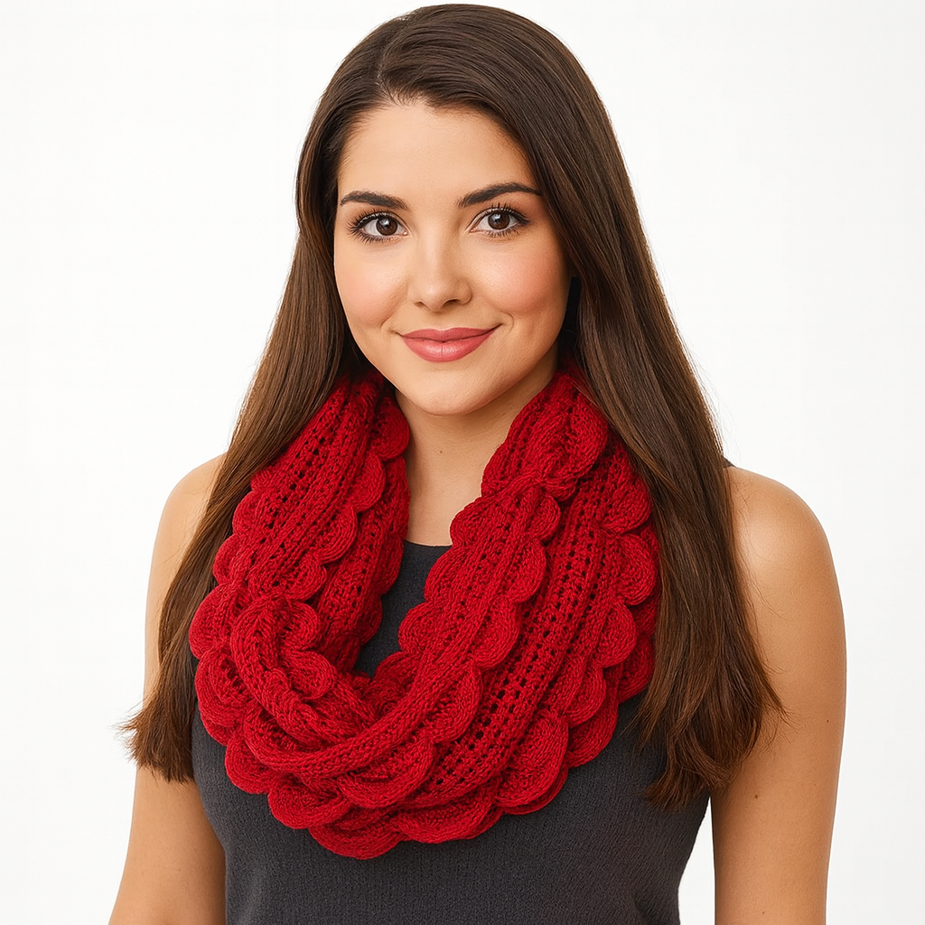 Fennco Styles - Wholesale Scarf - Women's - Brick Red Oversized Scalloped Ruffle Knit Infinity Scarf  1