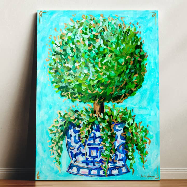 Audra Style - Wholesale Art Print - Topiary Gallery Wrapped Canvas - Blue and White Vase Art Painting
