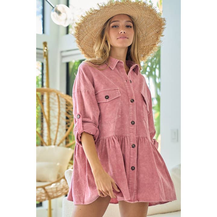 VINTAGE ROSE CORDUROY RUFFLE PEPLUM BUTTON UP SHIRT TOP for wholesale on Faire1