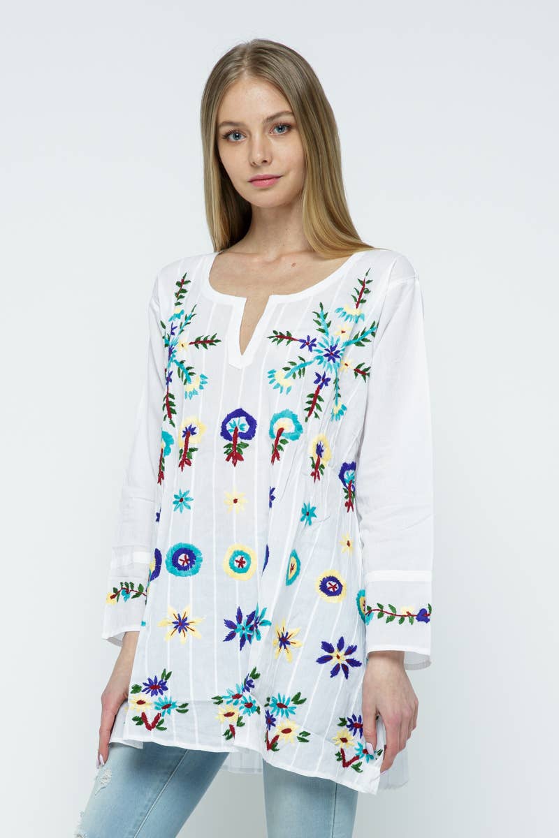 Raj Trading & Imports (USA) Inc. - Wholesale Tunic - Women's - Delia Embroidered Top White Multi Embroidery0