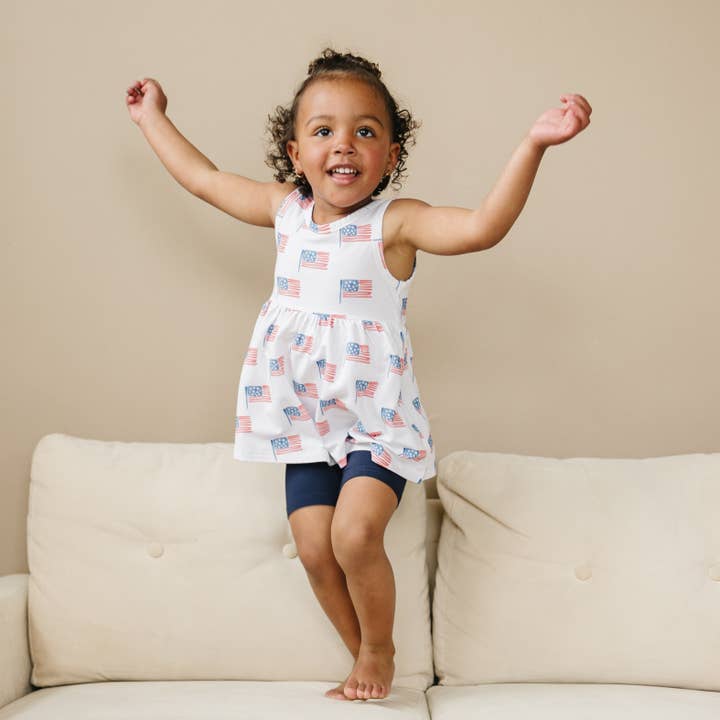 Little Joy Co. - Wholesale Top & Short Set - Kids - Flag Print Bamboo Peplum Top Bike Shorts 4th of July Girl