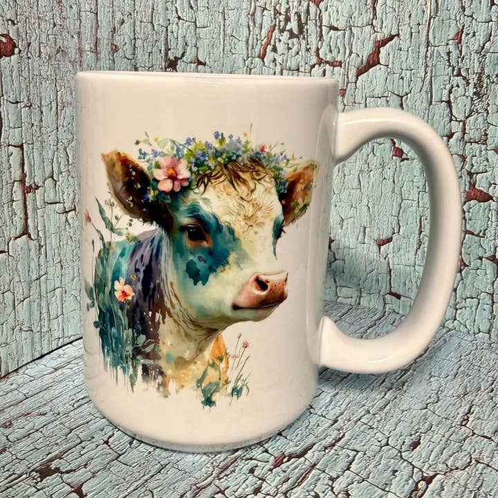 Watercolor Farm Cow & Wildflowers 15oz Coffee Mug for wholesale by Prairie Chicken Sticker Shop & Gifts