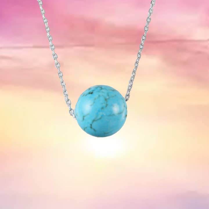Collier en véritable turquoise taillée en rond sur chaîne en argent sterling ajustable, N9528 - Bijoux Paradise Treasures pour la vente par Paradise Treasures Jewelry