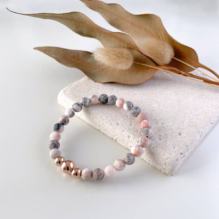 Trinity Bracelet with Matte Pink Zebra Jasper & 14k Rose Gold for wholesale by Ann Saint James