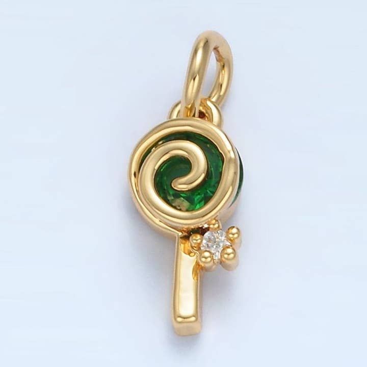 24K Gold Filled Green CZ Sweet Swirl Lollipop Candy Food Charm | X287 for wholesale by Aim Eternal