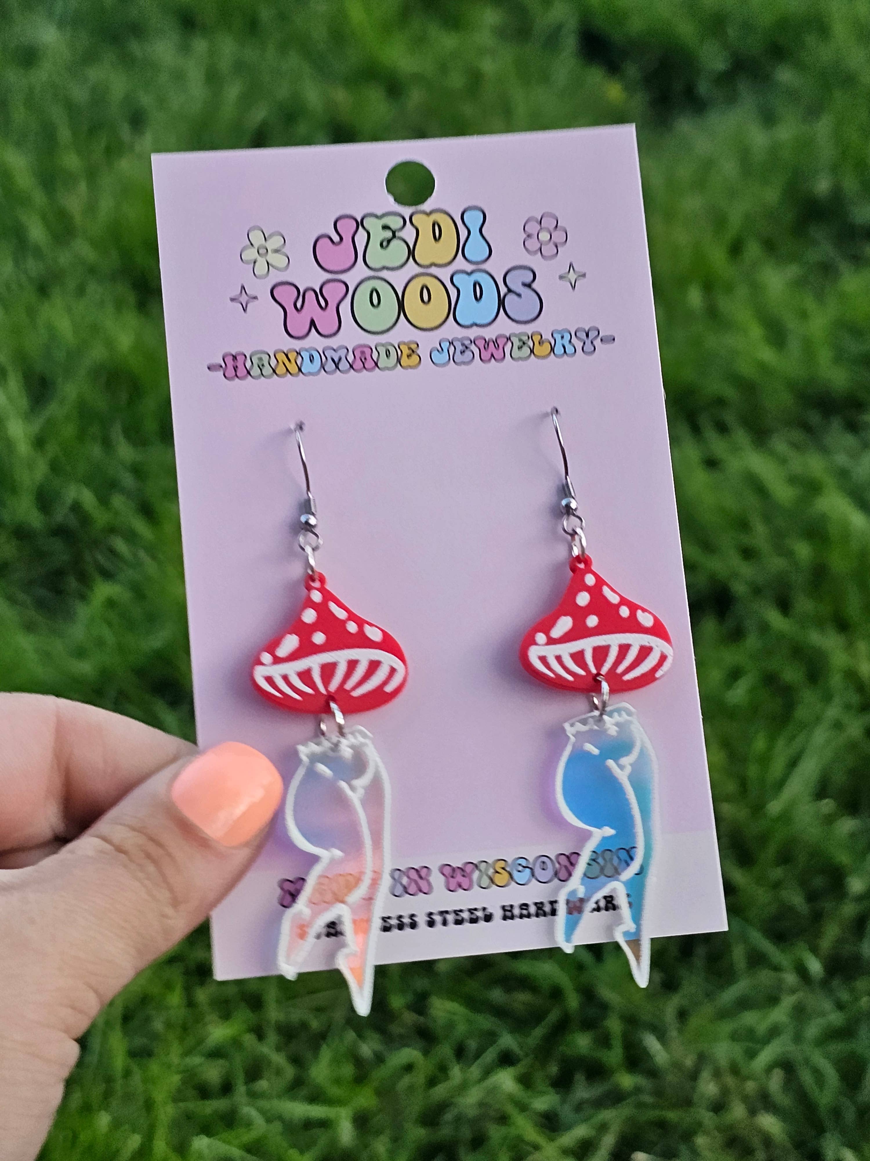 Jedi Woods LLC - Wholesale Dangle Earrings - Mushroom Lady Earrings with Red and Irredescent Acrylic1