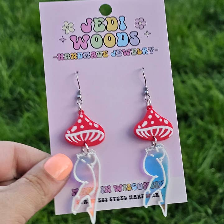 Jedi Woods LLC - Wholesale Dangle Earrings - Mushroom Lady Earrings with Red and Irredescent Acrylic1